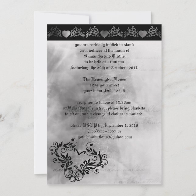 Invitación a la boda gótica de los corazones soñad (Anverso)
