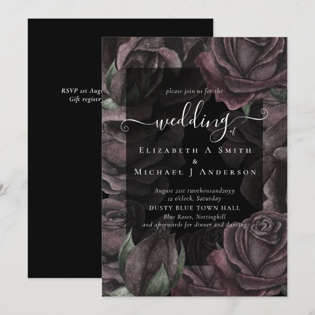 Invitación a la boda gótica de Rosas negros con Gó (Anverso / Reverso)
