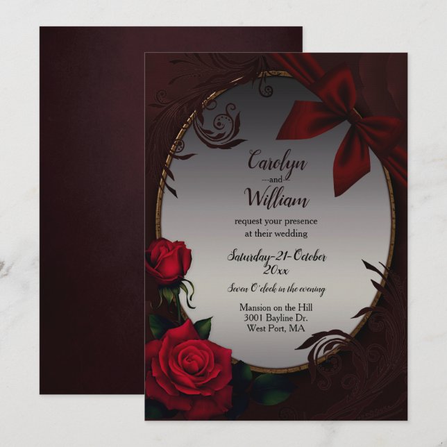 Invitación a la boda gótica de rosas rojas y bodas (Anverso / Reverso)