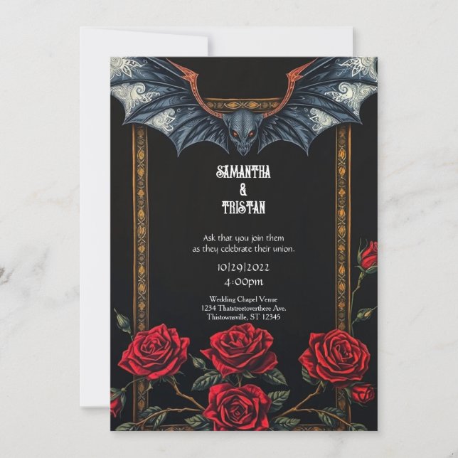 Invitación a la boda gótica de Tapestry Bat y Rosa (Anverso)
