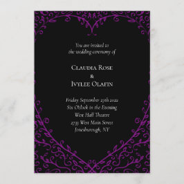Invitación a la boda gótica del corazón púrpura y