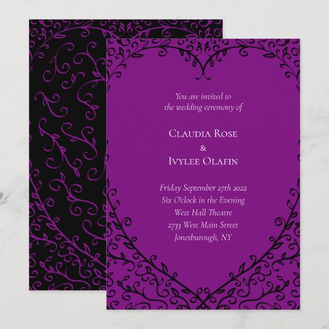 Invitación a la boda gótica del corazón púrpura y  (Anverso / Reverso)