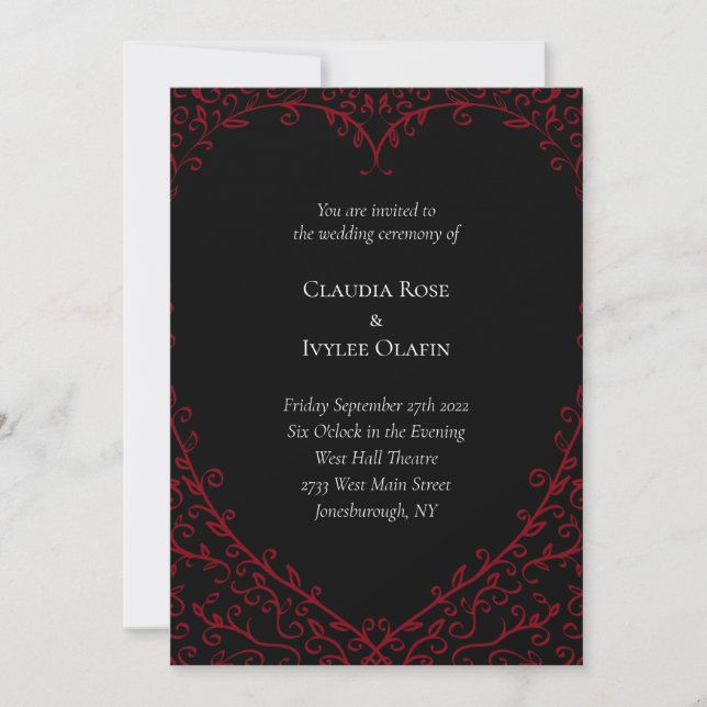 Invitación a la boda gótica del corazón rojo y neg (Anverso)
