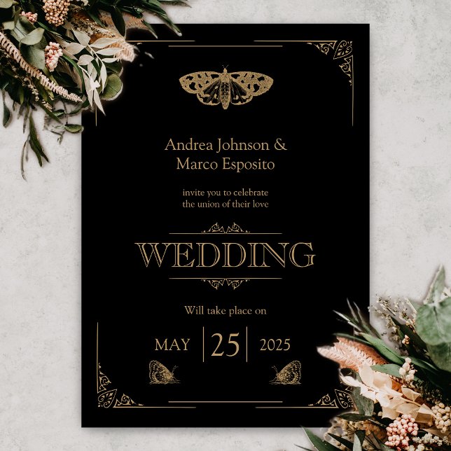 Invitación a la boda gótica elegante de la Moth vi (Gothic Moth Tattoo Wedding Invitation)