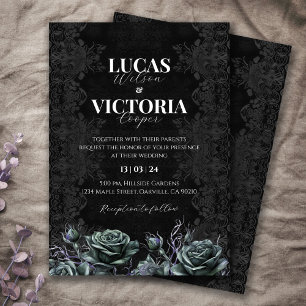 Invitación a la boda gótica floral de Moody en Vic