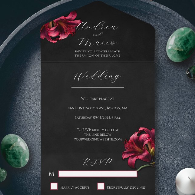 Invitación a la boda gótica floral Lily Dark (All in One Floral Lilly Gothic Wedding Invitation)