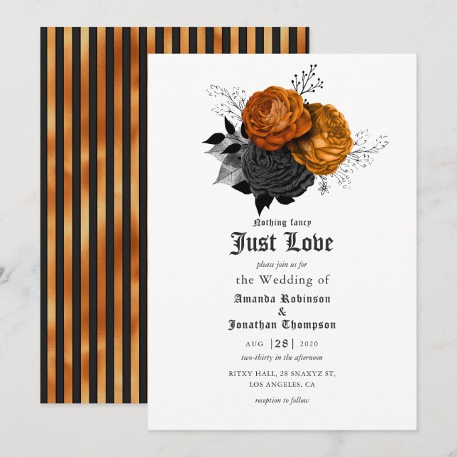 Invitación a la boda gótica floral negra y Naranja (Anverso / Reverso)