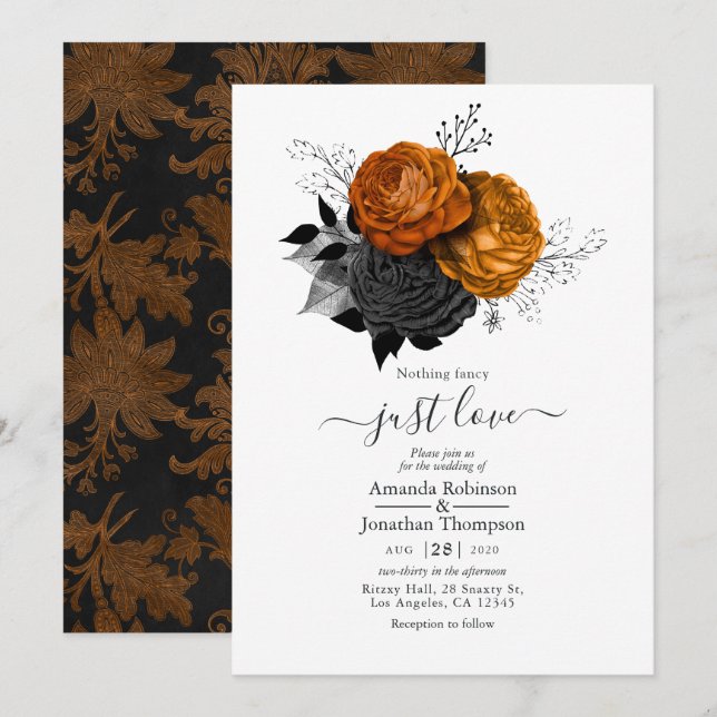 Invitación a la boda gótica floral negra y Naranja (Anverso / Reverso)