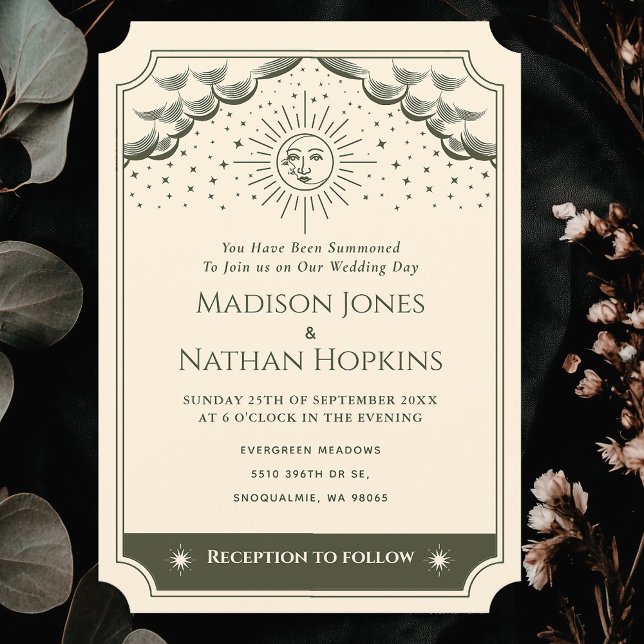 Invitación a la boda gótica Olive Sun & Moon Tarot (Subido por el creador)