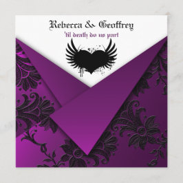 Invitación a la boda gótica púrpura, negra y blanc