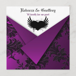 Invitación a la boda gótica púrpura, negra y blanc