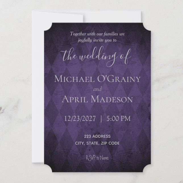 Invitación a la boda gótica púrpura oscura (Anverso)