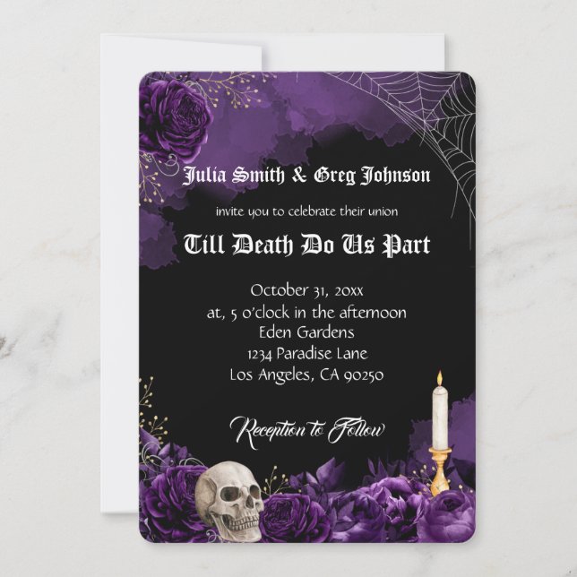 Invitación a la boda gótica púrpura y negra (Anverso)
