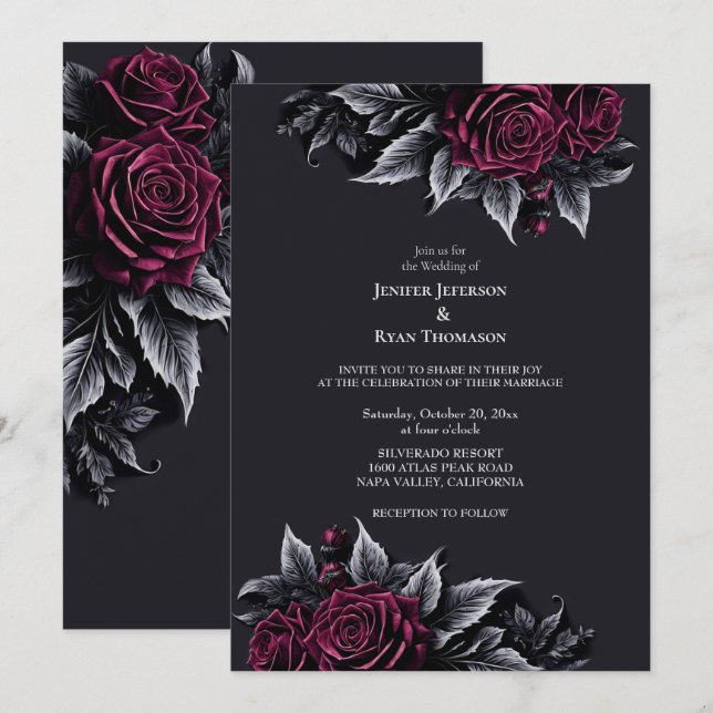 Invitación a la boda gótica romántica floral oscur (Anverso / Reverso)
