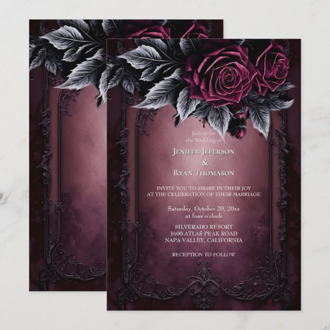 Invitación a la boda gótica romántica floral oscur (Anverso / Reverso)
