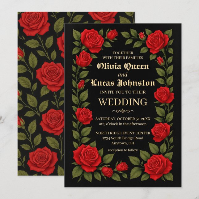 Invitación a la boda gótica Rosa (Anverso / Reverso)