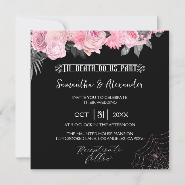 Invitación a la boda gótica rosada y negra (Anverso)