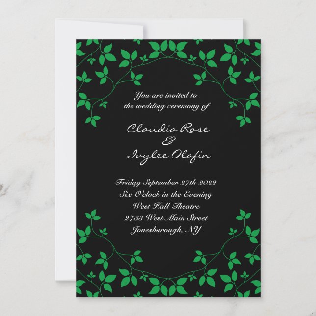 Invitación a la boda gótica verde y negra de marfi (Anverso)