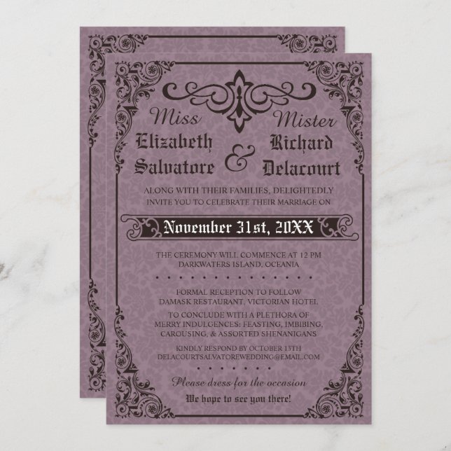 Invitación a la boda gótica victoriana de Damasco (Anverso / Reverso)