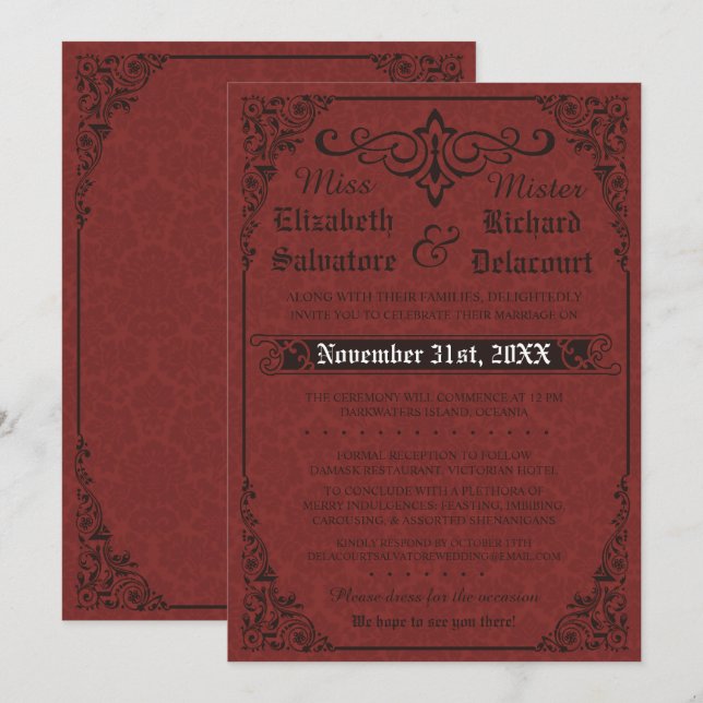 Invitación a la boda gótica victoriana de Damasco  (Anverso / Reverso)