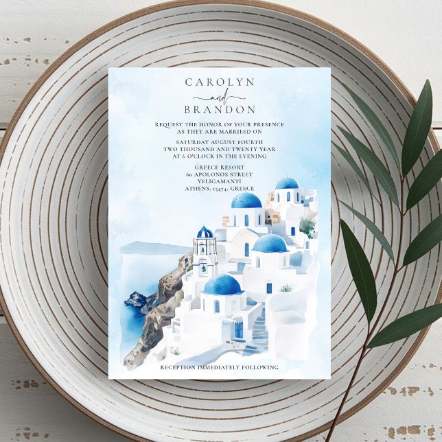 Invitación a la boda griega (Greek Wedding Invitation with Santorini Buildings)