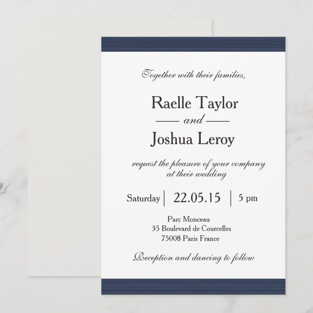 Invitación a la boda gris blanca con franjas azule (Anverso / Reverso)