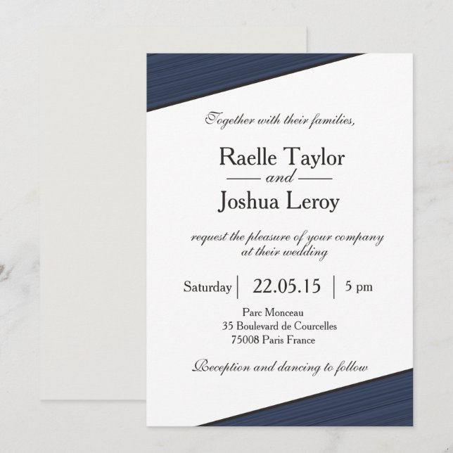Invitación a la boda gris blanca con franjas azule (Anverso / Reverso)