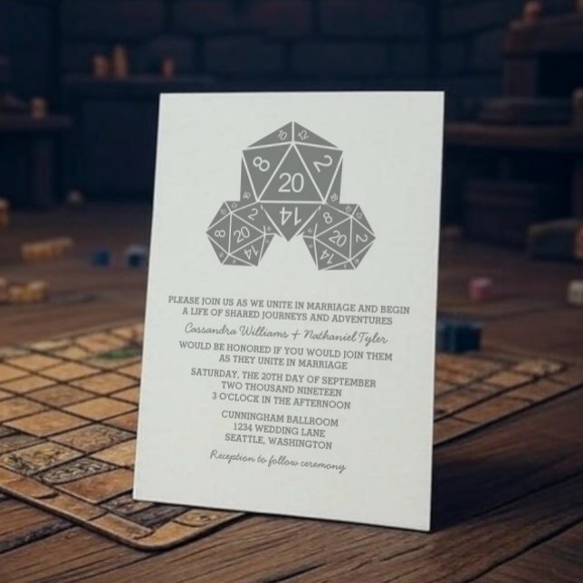 Invitación a la boda gris D20 dados (Gray D20 Dice Wedding Invite)
