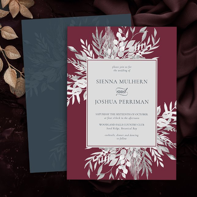 Invitación a la Boda Gris de Borgoña Foliage Botán (Elegant Burgundy and Grey wedding invitation from the Foliage Duet Collection by Darling & May)