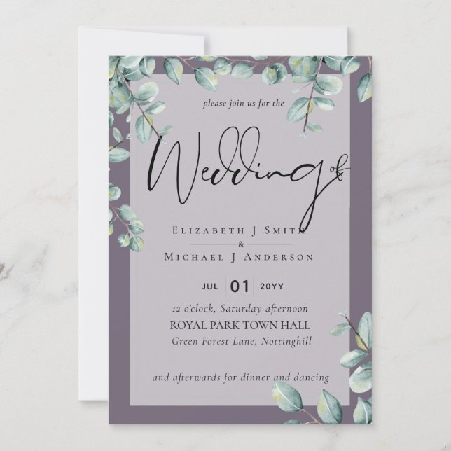 Invitación a la Boda Gris de Eucalyptus Lilac (Anverso)