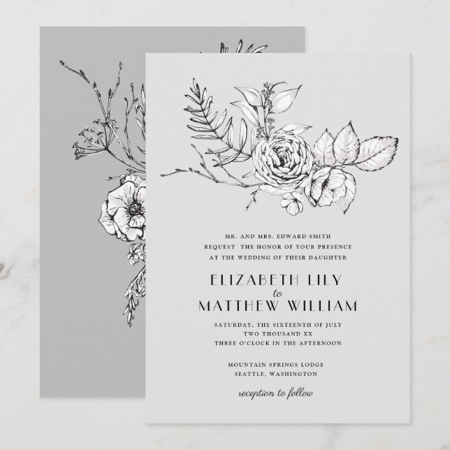 Invitación a la boda gris de flores silvestres rom (Anverso / Reverso)