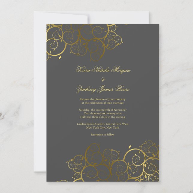 Invitación a la Boda Gris de Golden Spirals Vine (Anverso)