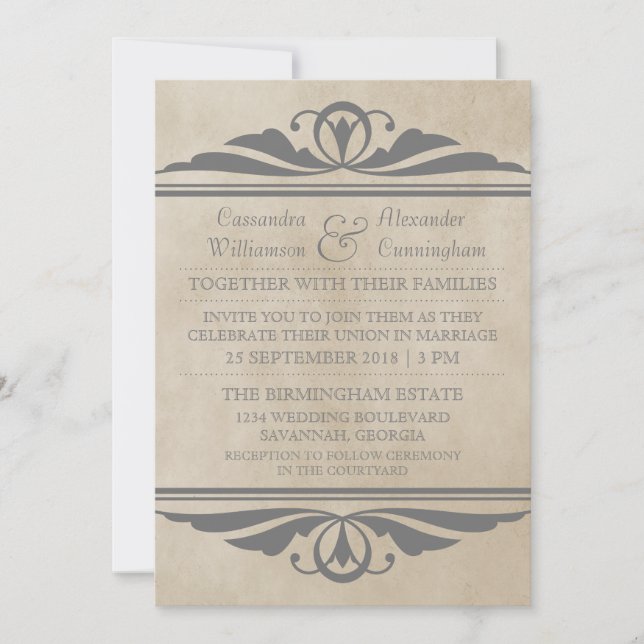 Invitación a la Boda Gris Elegante Deco (Anverso)