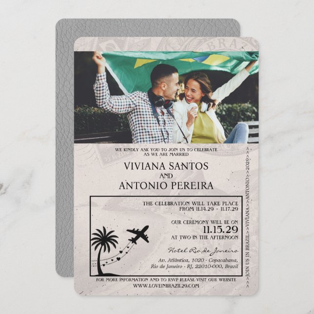 Invitación a la boda gris en Brasil con pasaporte (Anverso / Reverso)