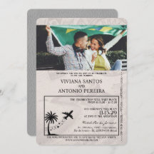 Invitación a la boda gris en Brasil con pasaporte