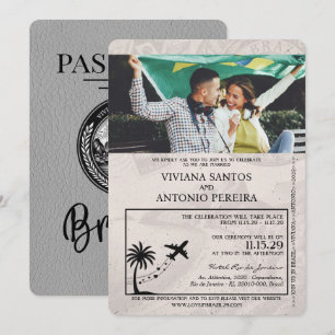 Invitación a la boda gris en Brasil con pasaporte