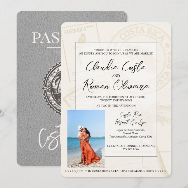 Invitación a la boda gris en Costa Rica con pasapo (Anverso / Reverso)