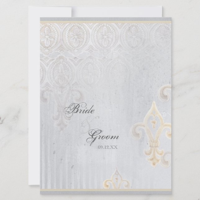 Invitación a la boda gris Fleur di Lys Damask (Anverso)