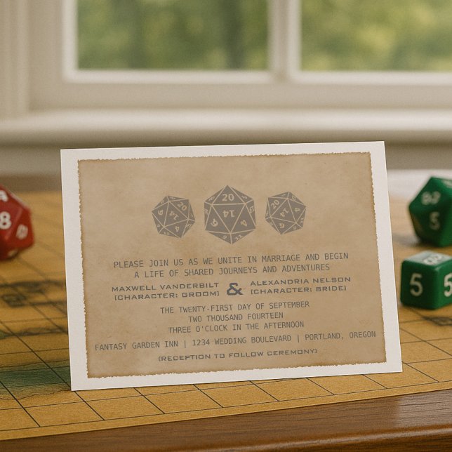 Invitación a la Boda Gris Grunge D20 Dice (Gray Grunge D20 Dice Gamer Wedding Invitation)
