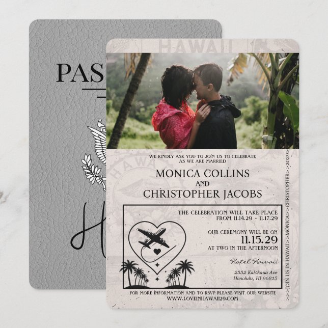 Invitación a la boda gris Hawaii Passport (Anverso / Reverso)