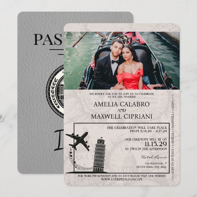 Invitación a la boda gris italiana con pasaporte (Anverso / Reverso)