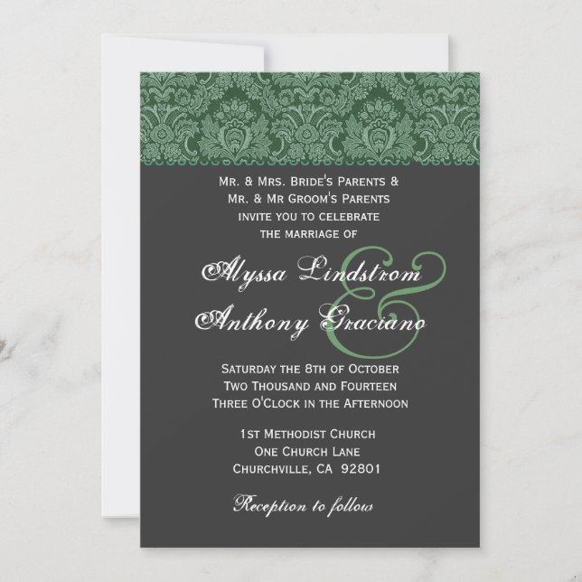 Invitación a la boda gris oscuro verde (Anverso)