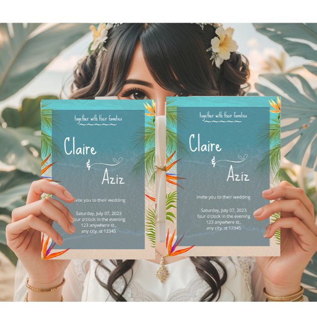 Invitación a la boda gris tropical con palmeras (Subido por el creador)