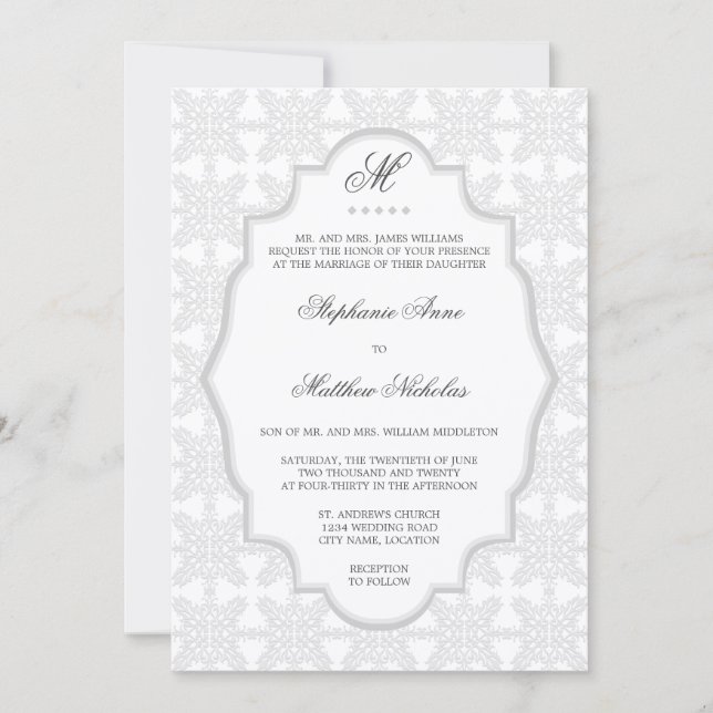 Invitación a la boda grisácea de plata en monogram (Anverso)