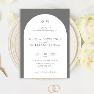 Invitación a la boda grisácea en arco de monograma