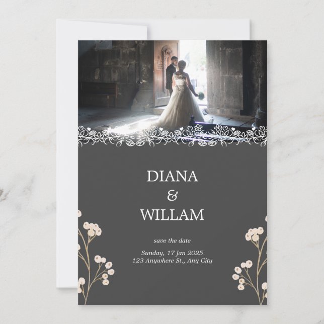 Invitación a la boda grisácea simple (Anverso)