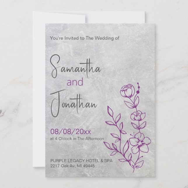 Invitación a la boda grisácea y púrpura (Anverso)