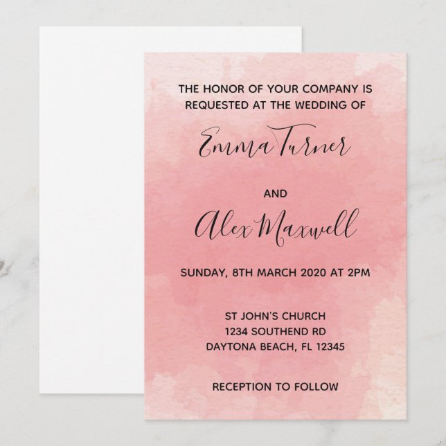 Invitación a la boda | Guión color de agua rosa (Anverso / Reverso)