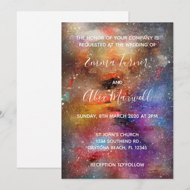 Invitación a la boda | Guión de acuarela galaxia (Anverso / Reverso)