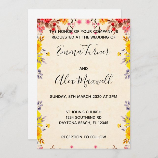 Invitación a la boda | Guión floral romántico (Anverso / Reverso)